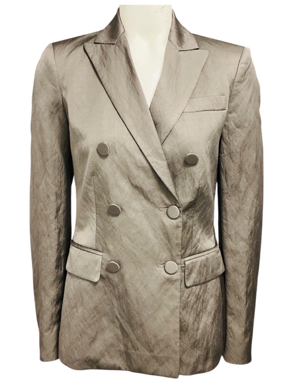 ALTUZARRA TAUPE CRINKLED DOUBLE BREASTED BLAZER JACKET